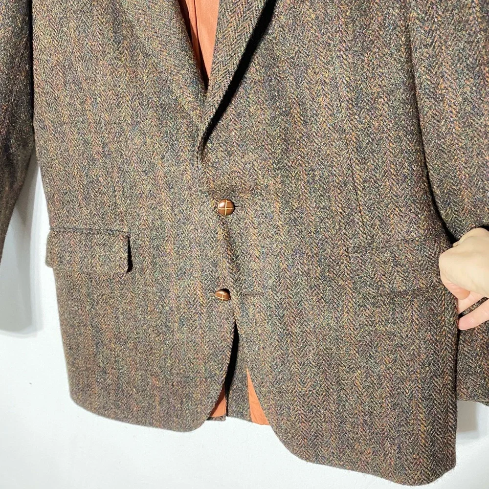 Vintage Harris Tweed Classic Brown Wool Herringbone Blazer 42L Dadcore Academia - Picture 15 of 16